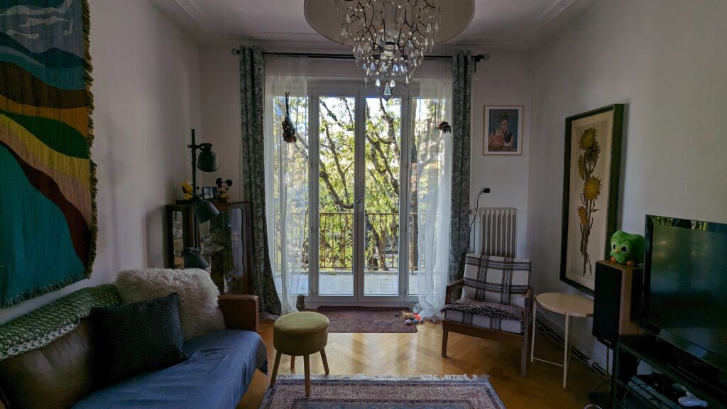 Living room in an apartment in switzerland, hardwood floors, big door to the balcony with trees