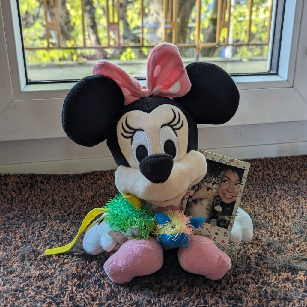 minnie mouse stuffed animal holding a cat toy and a instapix photo of a woman holding her cat